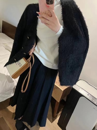 Thickened imitation fur mink sweater knitted coat for women autumn and winter loose small fragrance double breasted v-neck top