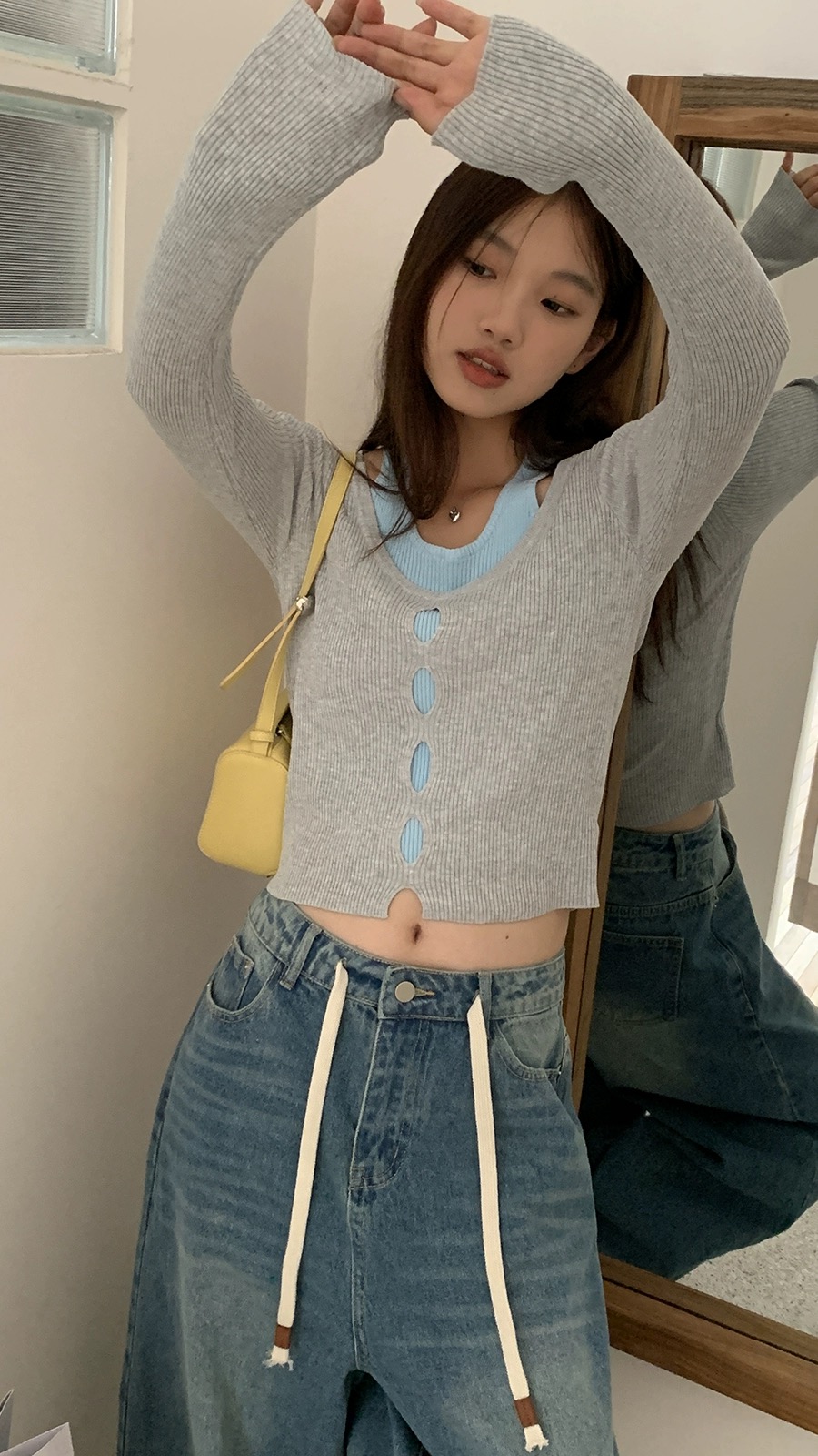 落日橘慵懶雙拉鏈坑條短款加厚毛衣女春秋口袋針織衫寬鬆內搭上衣