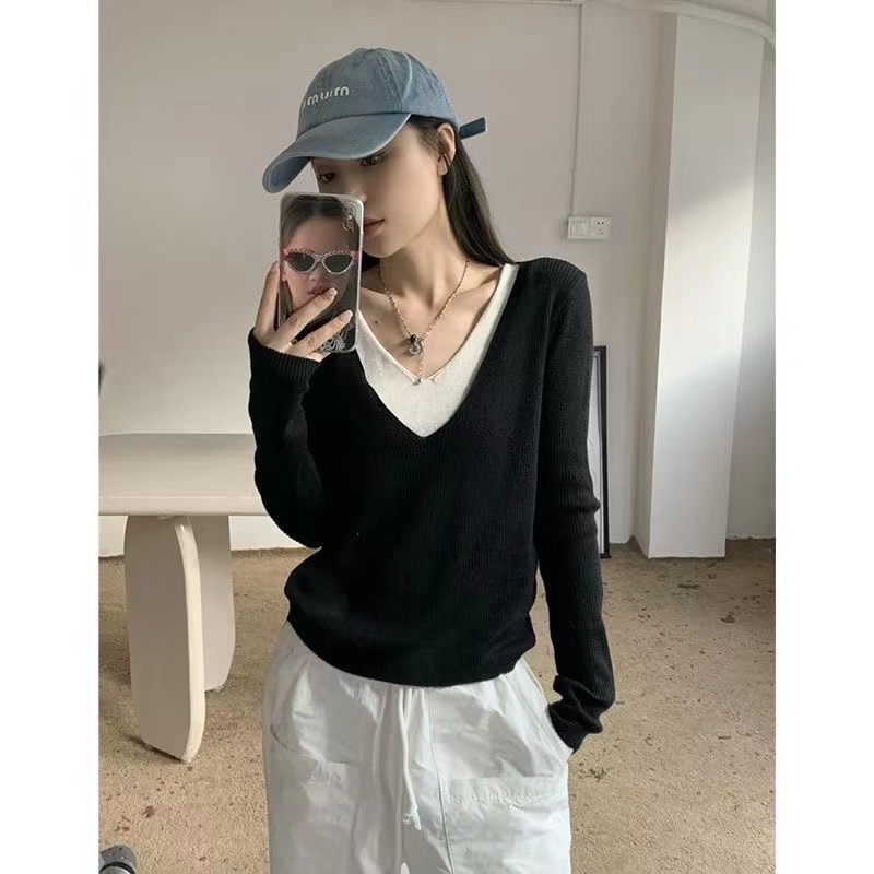 PPHOME糯芙小姐~V領長袖針織衫女小眾秋季雙層領設計感打底衫上衣