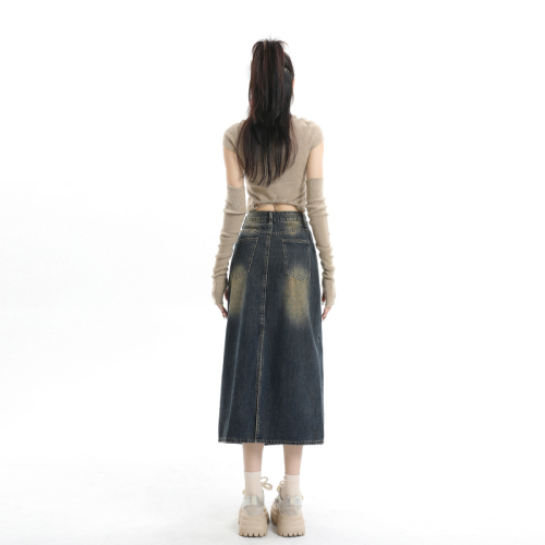 Real shot of retro cement blue autumn high-waisted back slit denim skirt for women