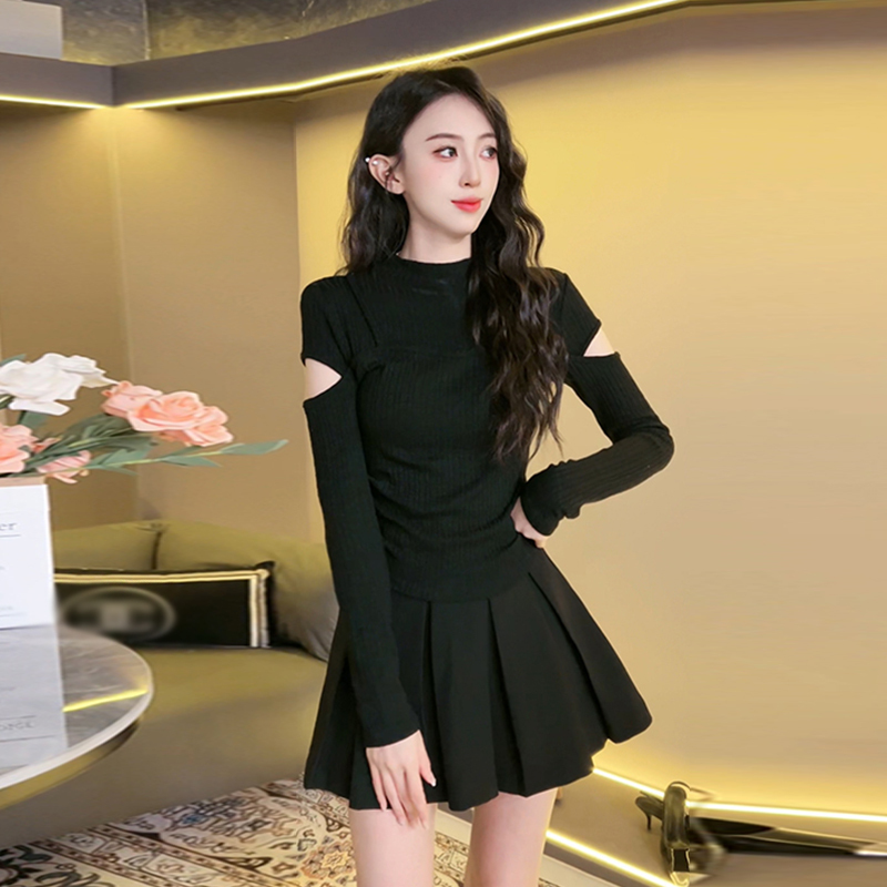Hollow French knitted sweater for women 2023 new early autumn inner layering slim fit long-sleeved top with niche design