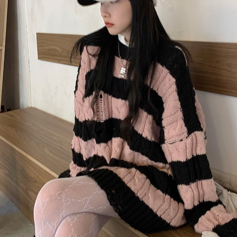 秋裝大碼女裝破洞麻花套頭中長款條紋毛衣針織衫上衣外套好質量
