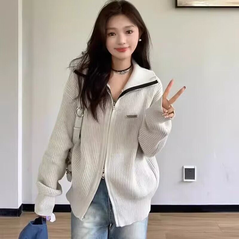 大碼小眾慵懶風灰色針織開衫早秋冬外搭寬鬆毛衣外套長袖上衣女