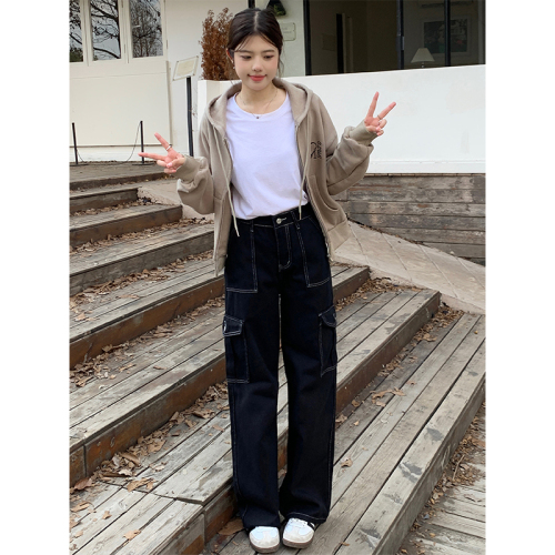 Real shot of retro high-waisted straight denim overalls for women in autumn, loose and slim, large trousers and drapey casual pants