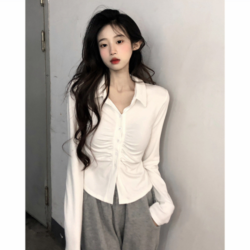 Designed pleated long-sleeved T-shirt autumn and winter new slim fit small lapel pure lust style bottoming top for women