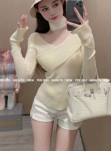 Korean chic cross one-neck sweater for women, autumn and winter long-sleeved bottoming shirt with slimming short top