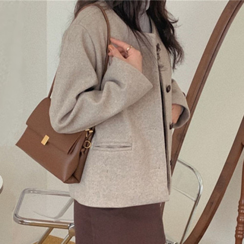 Single-breasted round neck woolen short jacket for women  autumn and winter Korean style small woolen suit top large size