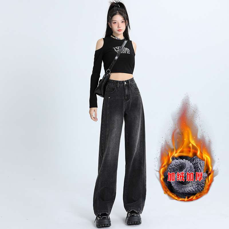 實拍2023秋冬季時尚新款美式復古無彈闊腿褲牛仔褲女