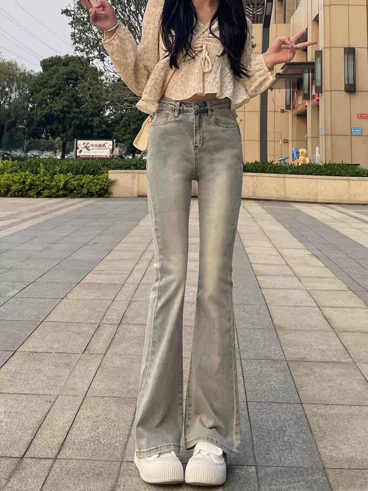 美式黃泥染微喇牛仔褲女2023新高腰高個子拖地做舊復古淺色喇叭褲