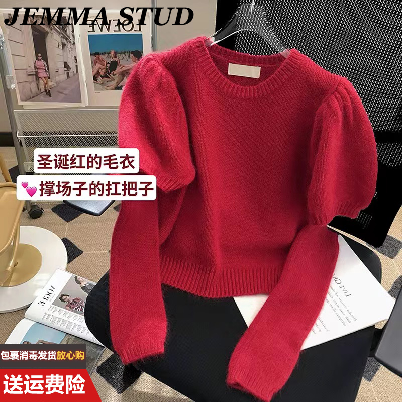 紅色袖套毛衣女2023秋冬高級感別致短款上衣內搭打底泡泡袖針織衫