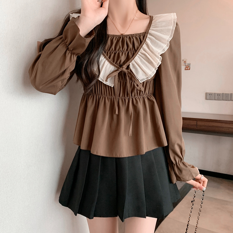 Real shots of plus size women's French ruffled long-sleeved shirts for women in autumn and winter to cover the belly and look slimming, trendy tops