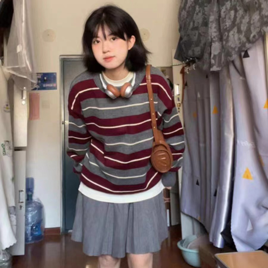 日系復古vintage撞色條紋毛衣女冬寬鬆慵懶風軟糯套頭針織衫上衣