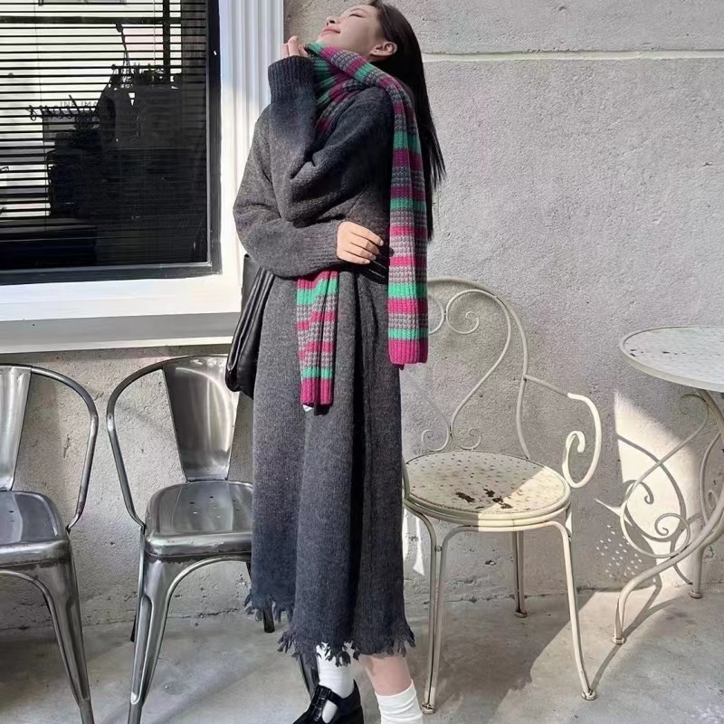 Korean VNOOK polo collar bottoming skirt with coat, long knee-length lazy style loose thick sweater skirt for women
