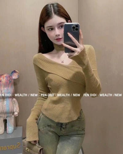 Korean chic cross one-neck sweater for women, autumn and winter long-sleeved bottoming shirt with slimming short top