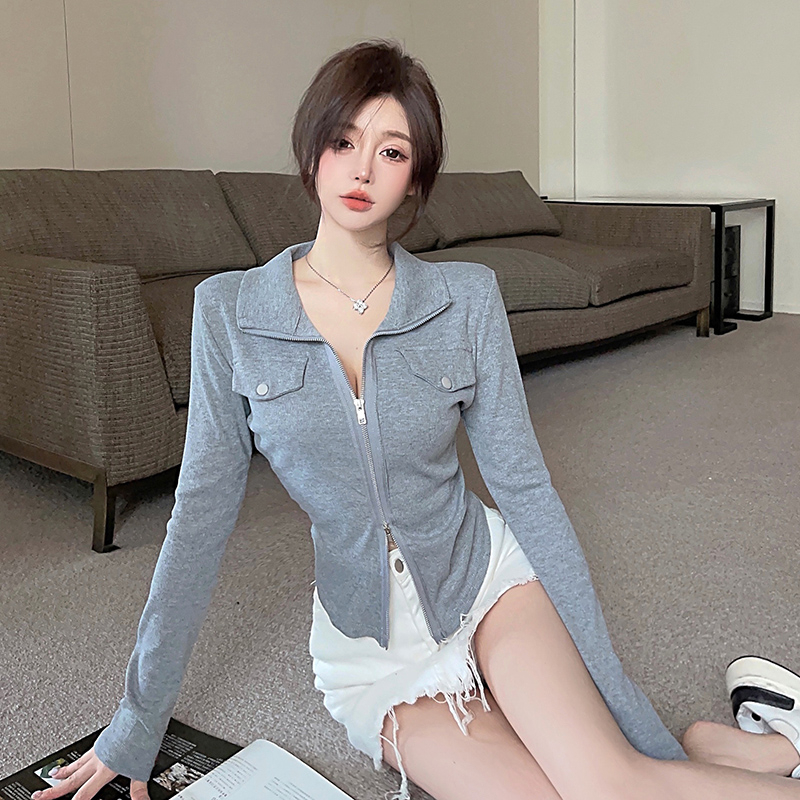 實拍雙拉鏈長袖T恤秋季氣質修身顯瘦休閒時尚打底POLO衫新女裝