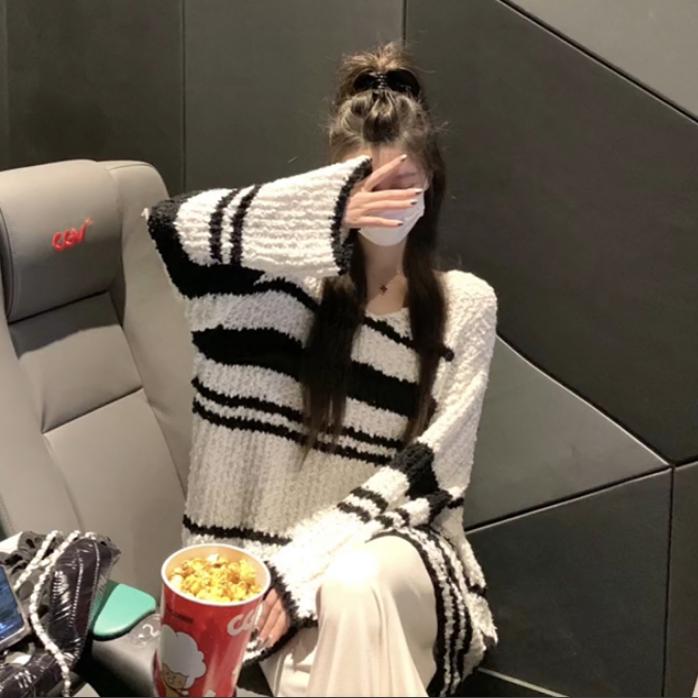 韓版慵懶撞色設計感條紋套頭毛衣女秋冬新款寬鬆百搭針織衫上衣潮