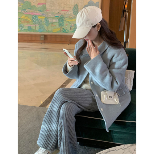 INS blogger's same style Korean style knitted pit wide-leg pants vsbaby blue woolen single-breasted jacket and woolen coat