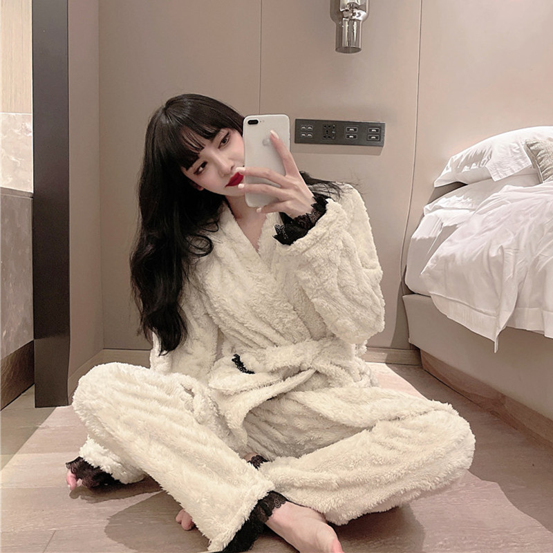 實拍秋冬新款純欲睡衣女珊瑚絨加厚可外穿家居服睡袍休閒套裝