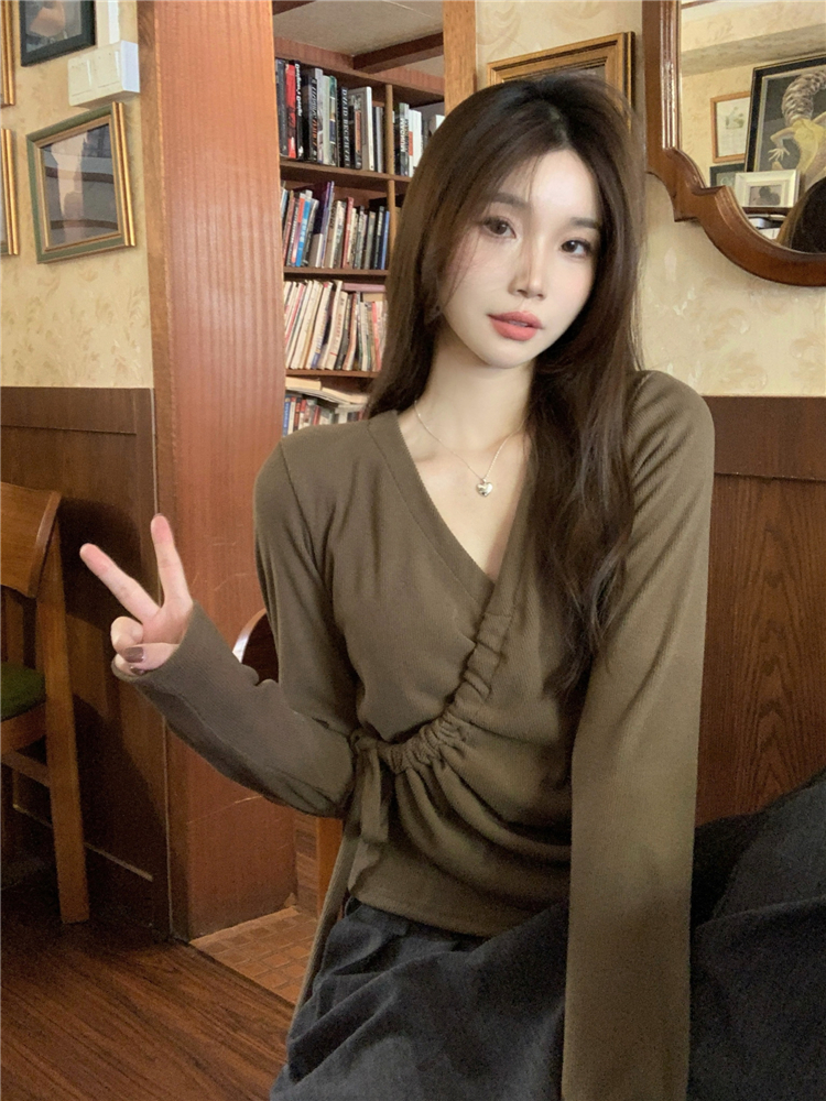 實拍！v領不規則設計感長袖打底衫T恤女小眾側邊系帶百搭上衣