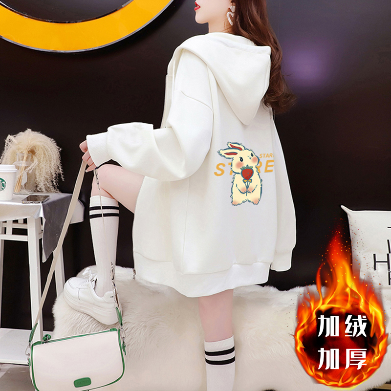 天貓品質CVC華棉複合絨400克冬季加絨加厚寬鬆連帽衛衣外套女