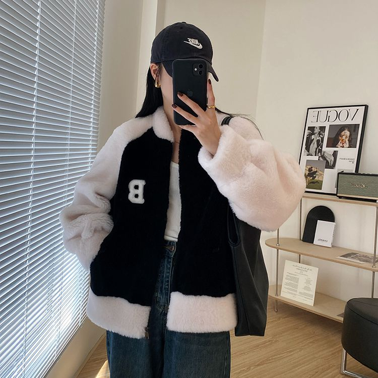 Trendy brand niche design embroidered contrasting color lamb wool short coat autumn and winter large size loose western style age-reducing top