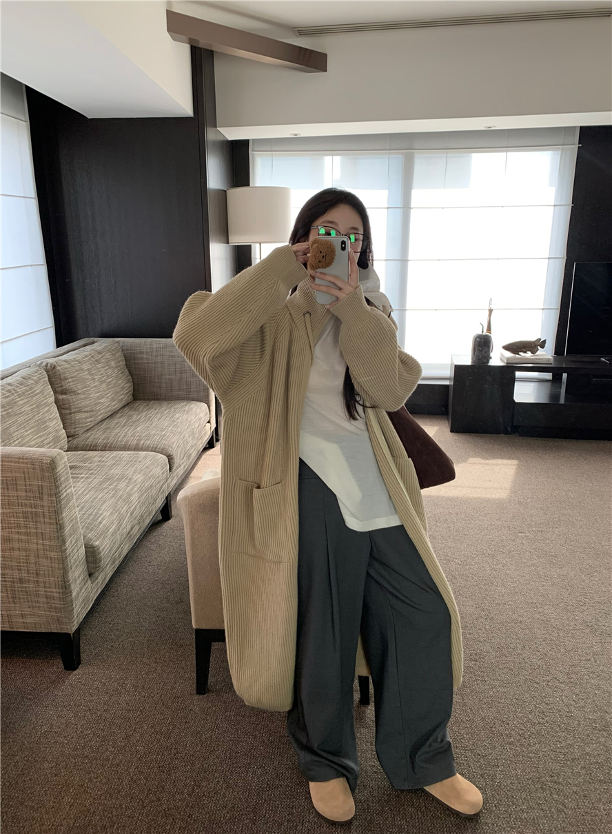 Actual shot of autumn and winter stand-up collar zipper knitted cardigan women's long loose lazy style fashionable sweater jacket