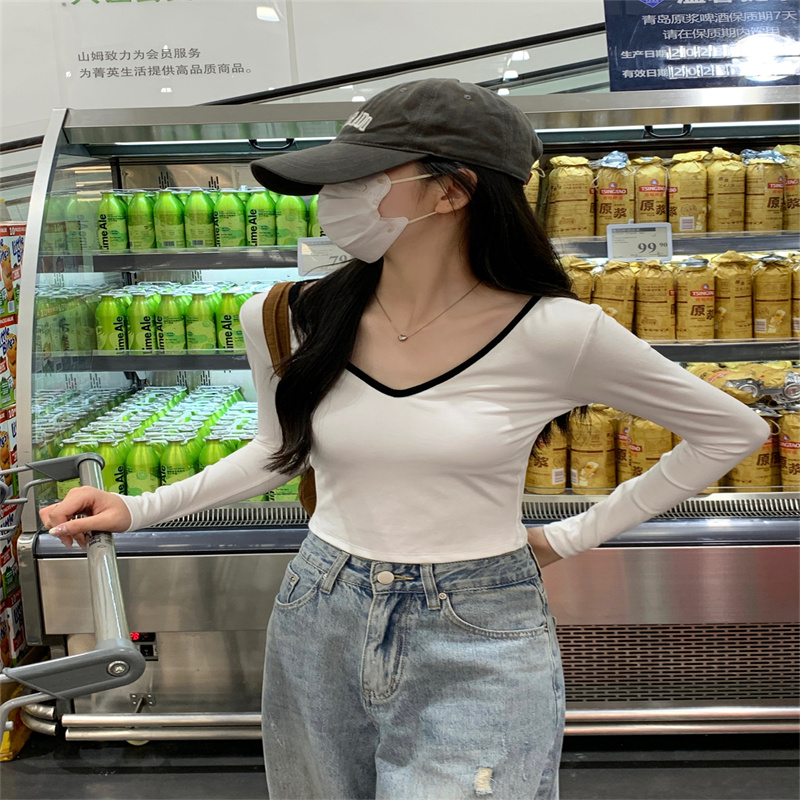 帶胸墊打底衫辣妹V領長袖T恤女純欲內搭短款正肩顯瘦百搭上衣