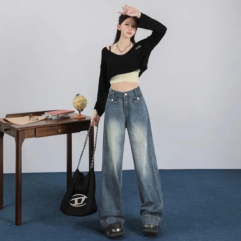 復古闊腿牛仔褲女2023秋季新款高腰寬鬆美式高街直筒拖地褲子潮流