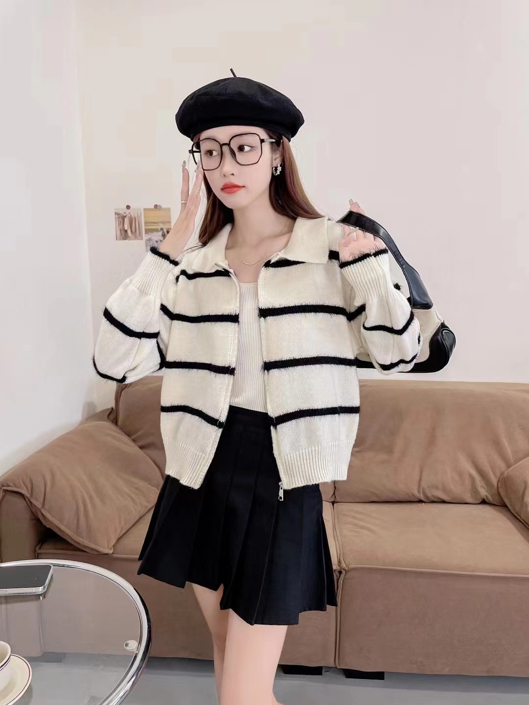Contrast striped double zipper knitted cardigan for women 2023 autumn and winter new Korean version small imitation mink fur lapel sweater