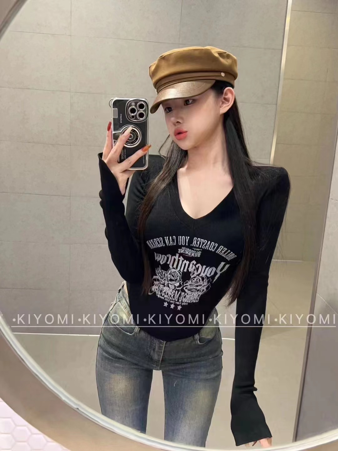 KIYOMI修身顯瘦弧形下擺內搭針織衫女辣妹v領正肩上衣復古印花T恤