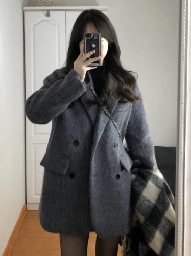 Gray woolen coat for women  spring and autumn new style thickened loose high-end small suit woolen coat for women