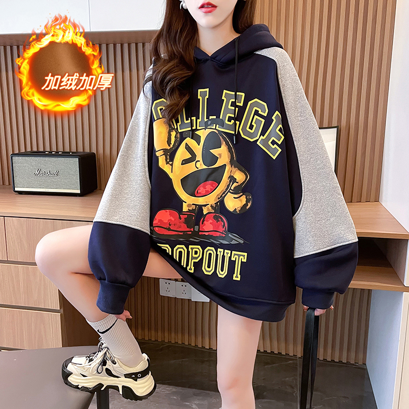 Actual shot of new winter Korean style loose bag collar composite hooded printed mid-length large size velvet sweatshirt for women
