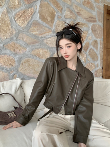 Real shot of autumn and winter new design high-end retro coffee color pu leather suit leather jacket short style