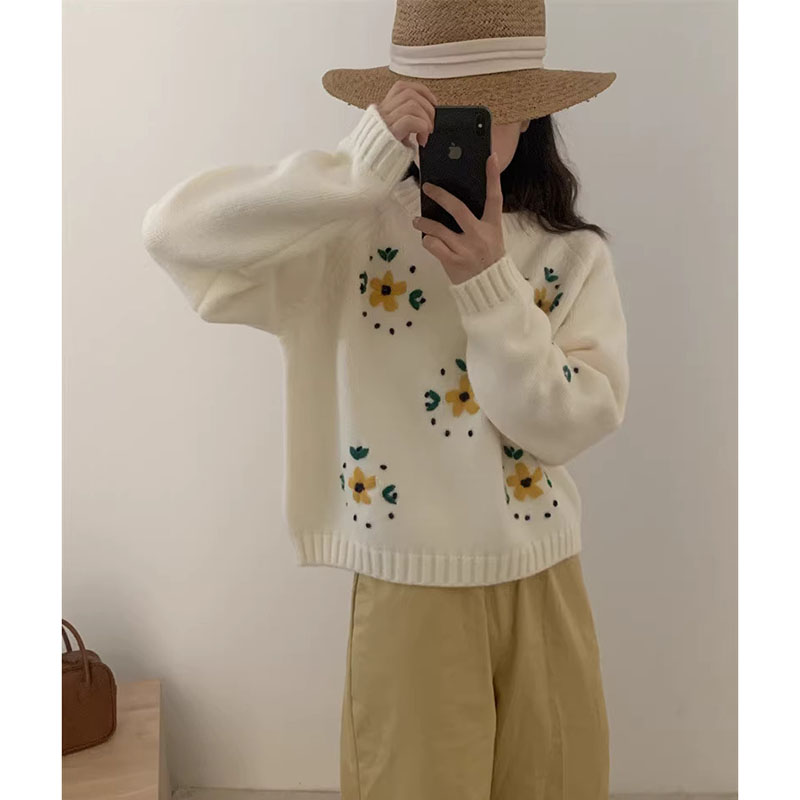 手工刺繡花朵套頭毛衣女甜美設計感秋冬韓系溫柔針織上衣寬鬆減齡