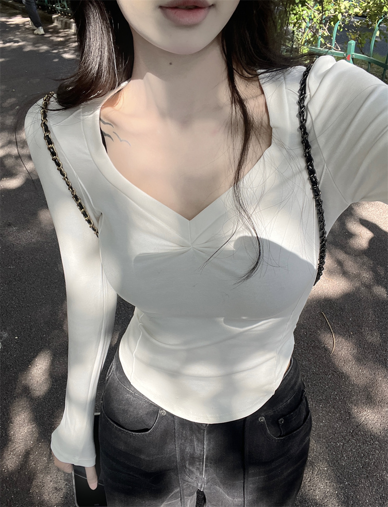 桃心領辣妹長袖T恤女緊身上衣設計感打底衫內搭秋實拍