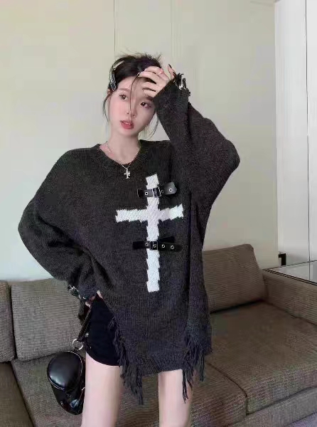 美式復古毛衣女秋冬季別致十字架破洞甜酷設計寬鬆套頭針織衫上衣