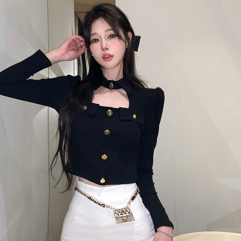設計感小眾小心機金屬扣POLO領修身長袖T恤女秋冬季新款短款上衣