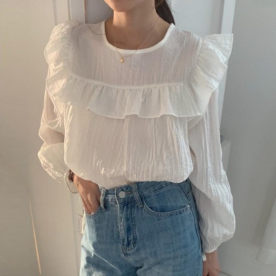 韓國chic夏季法式甜美圓領拼接荷葉邊後背系帶寬鬆泡泡袖襯衫女