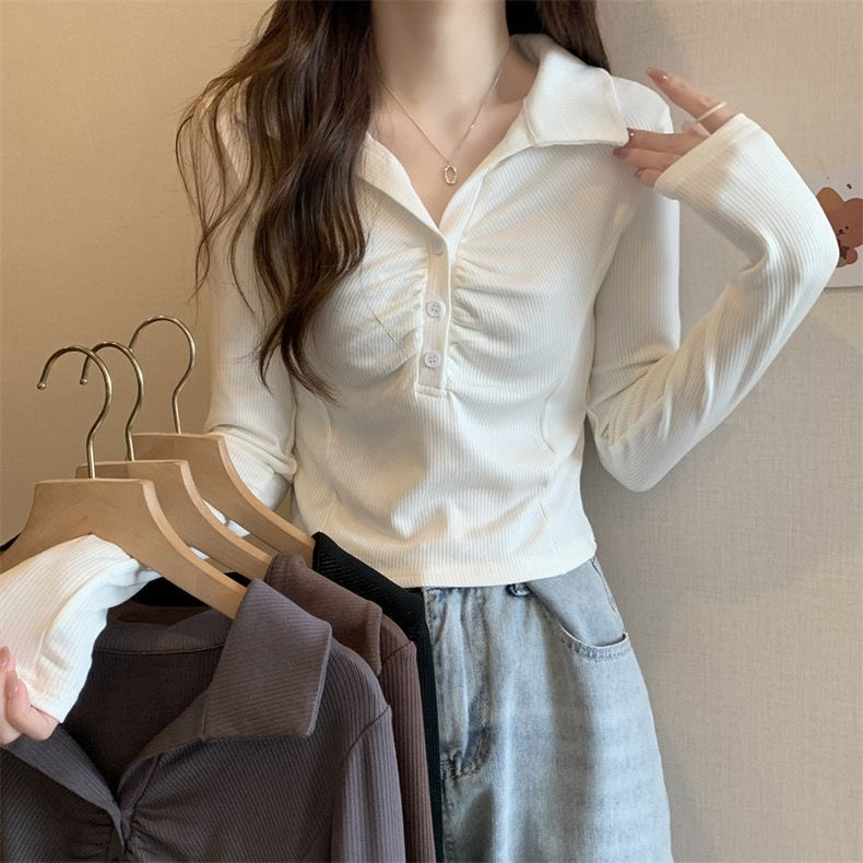 白色polo領氣質短款打底衫女秋冬款修身甜辣高腰內搭長袖t恤上衣
