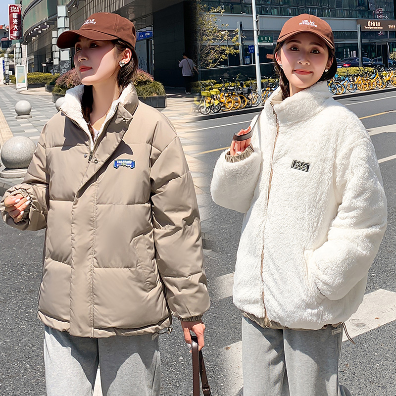 Real shot of double-sided cotton-padded jacket for women 2023 new winter Korean version loose thickened bread jacket student style cotton-padded jacket for women