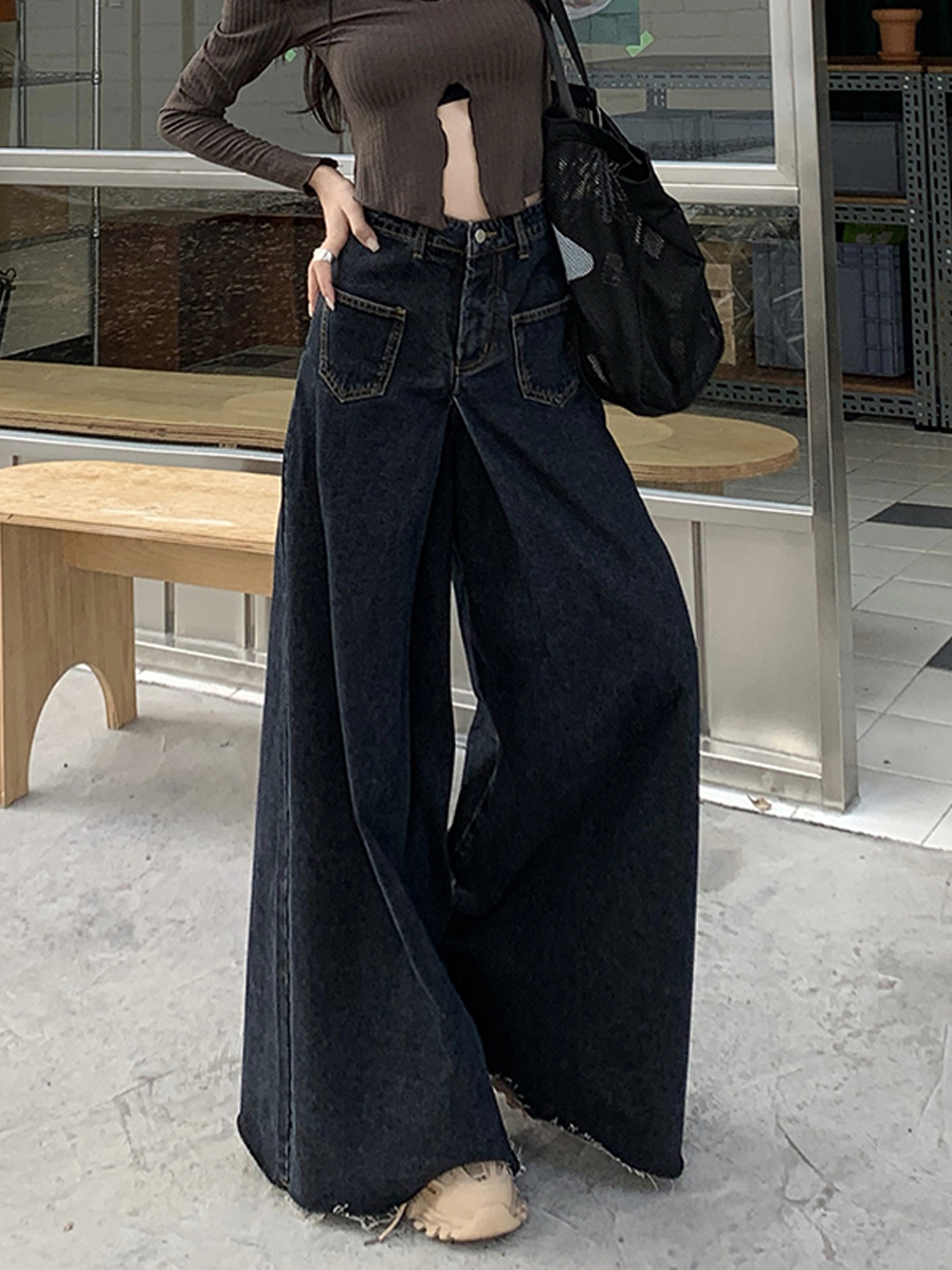 高腰顯瘦牛仔褲褲裙女秋季寬鬆小眾設計感復古直筒闊腿褲拖地褲子