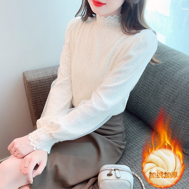 半高領加厚磨毛打底衫女秋冬2023新款洋氣內搭顯瘦泡泡長袖蕾絲衫