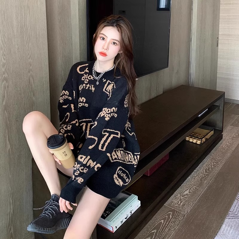 New autumn and winter high-end sweater women's loose belly-covering chic printed long-sleeved pullover sweater top Korean version