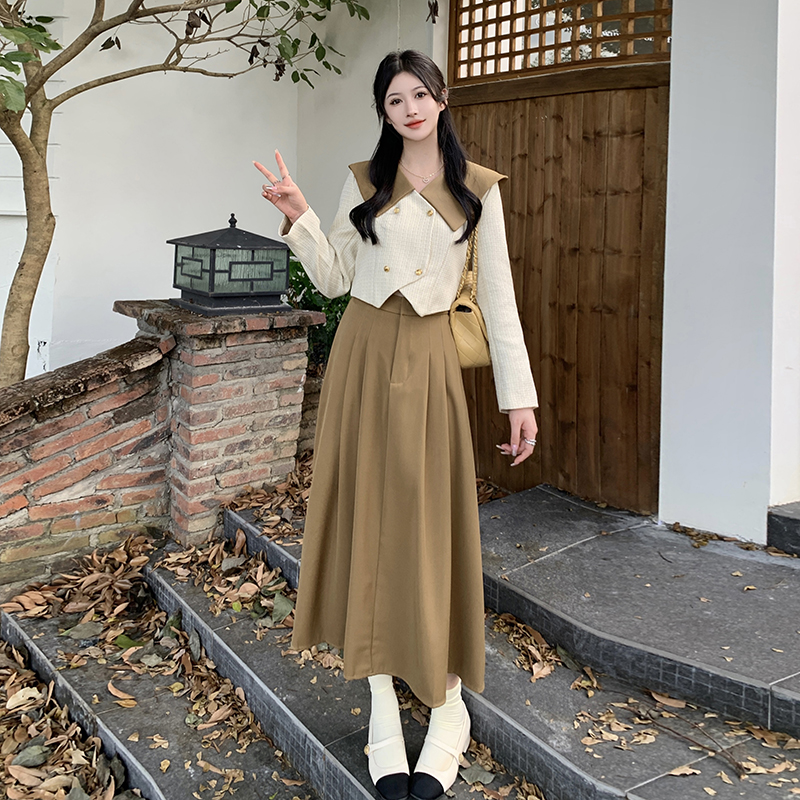 實拍~法式翻領上衣氣質半身裙長裙兩件套2023秋季新款大碼套裝