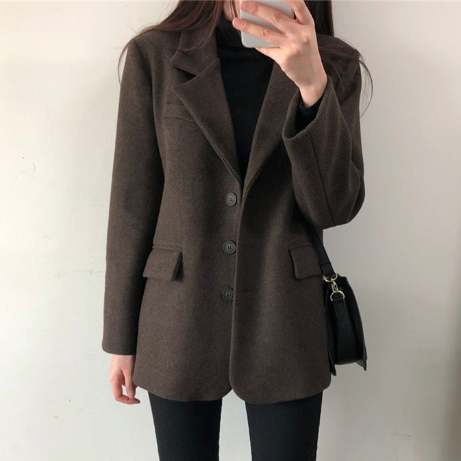 單排扣加厚保暖羊絨西服上衣女2023秋季新韓版西服領休閒毛呢外套