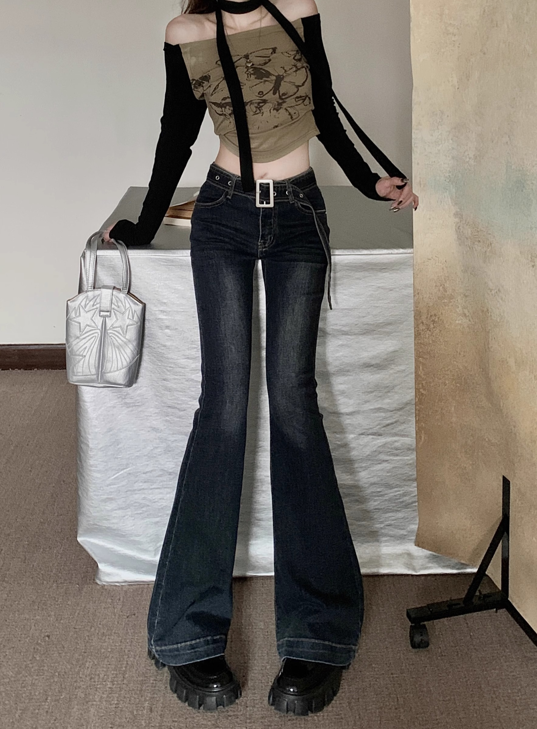 配腰帶美式辣妹復古做舊微喇叭牛仔褲女高腰顯瘦彈力拖地馬蹄長褲