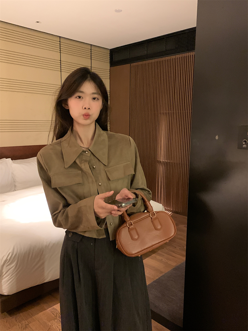 實拍鹿皮絨短款外套女秋季新款復古polo領百搭夾克上衣