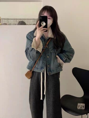 Denim jacket women's winter plus velvet thickening new style  blue retro autumn and winter short style small temperament and high-end sense