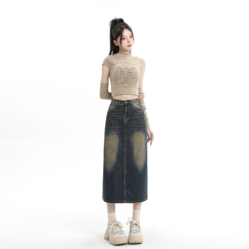 Real shot of retro cement blue autumn high-waisted back slit denim skirt for women