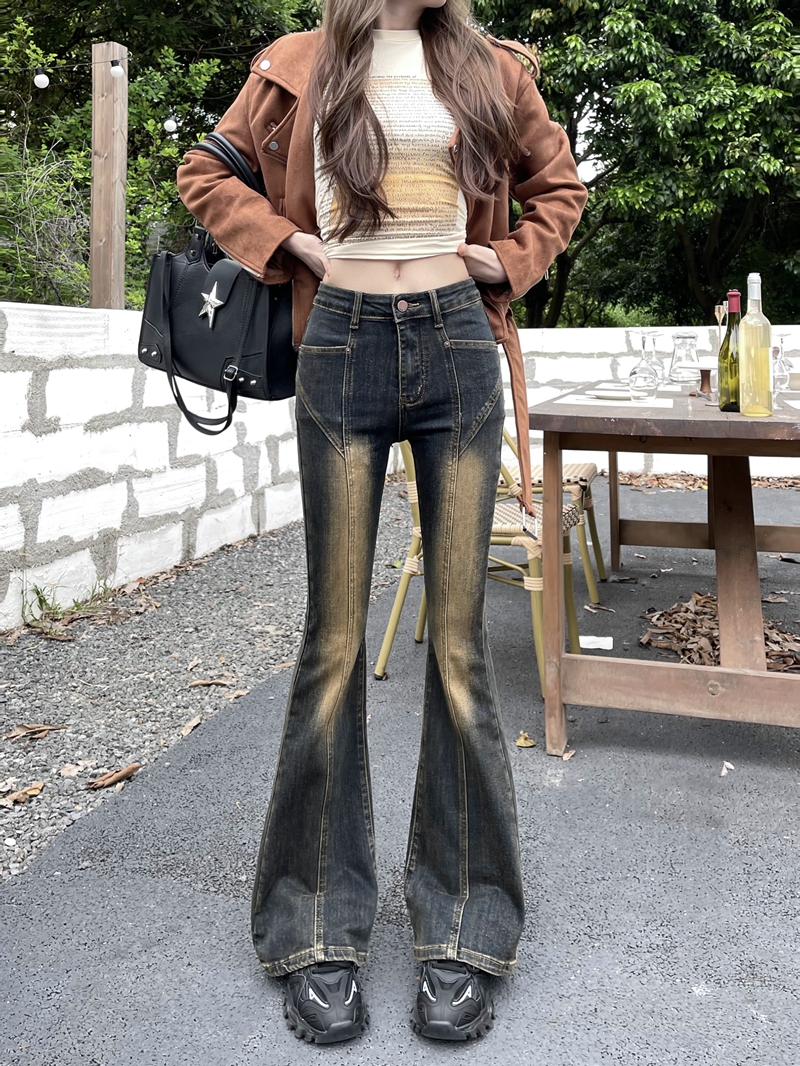 Actual shot #New slim fit stretch denim trousers for women with design stitching and micro-flared floor mopping trousers